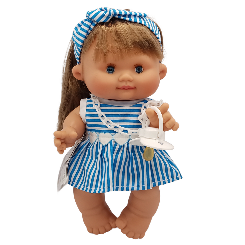 Doll Flora - Long Brown Hair, Blue Dress With White Hearts, Blue Band