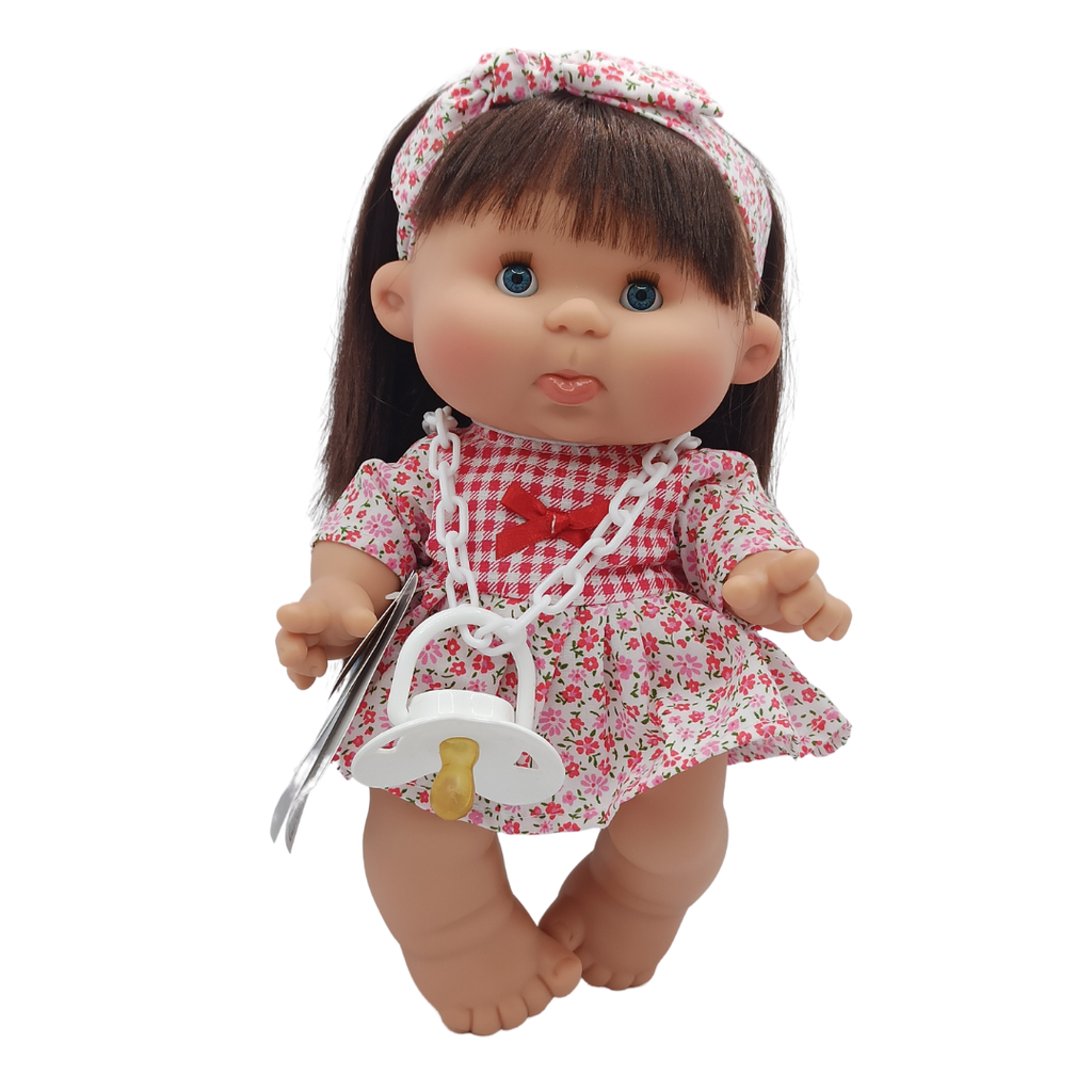 Doll Mary - Long Brown Hair, Red Checkered Dress with Flowers, Band With Flowers